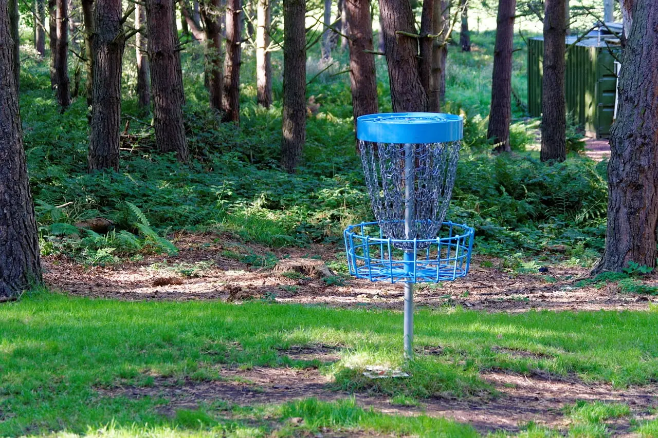 Blue disc golf basket on course