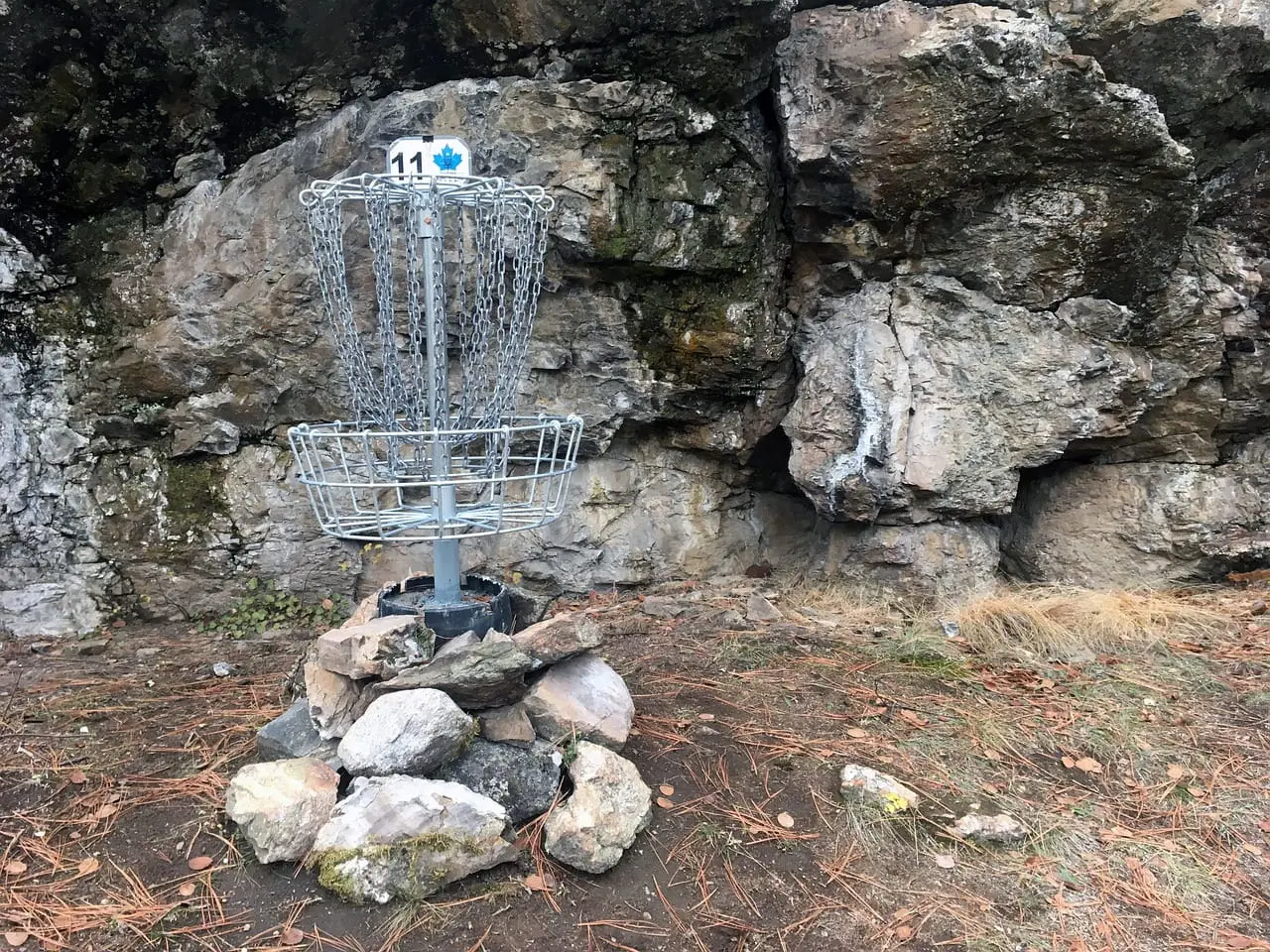 Disc golf basket elevated by rocks