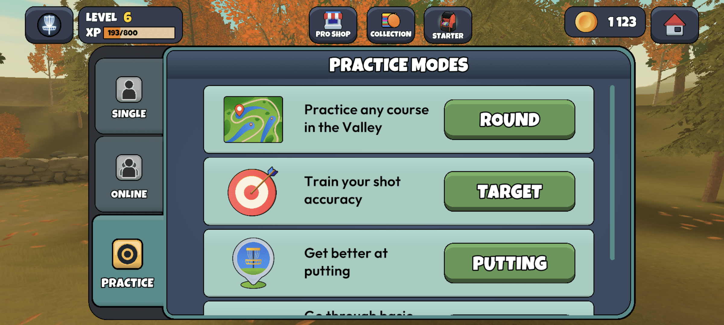 Image: Practice modes screen in 'Disc Golf Valley'